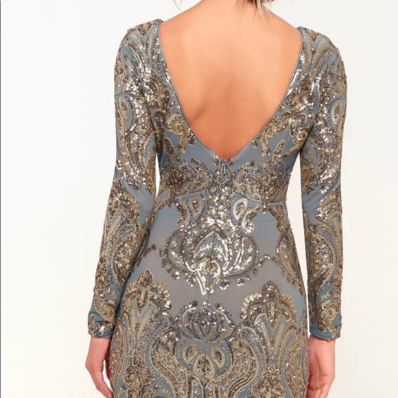 LuLu’s Blue and Gold Bodycon dress - Picture 2 of 6